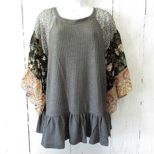 Umgee Waffle Knit Top Floral Paisley Bell Sleeve